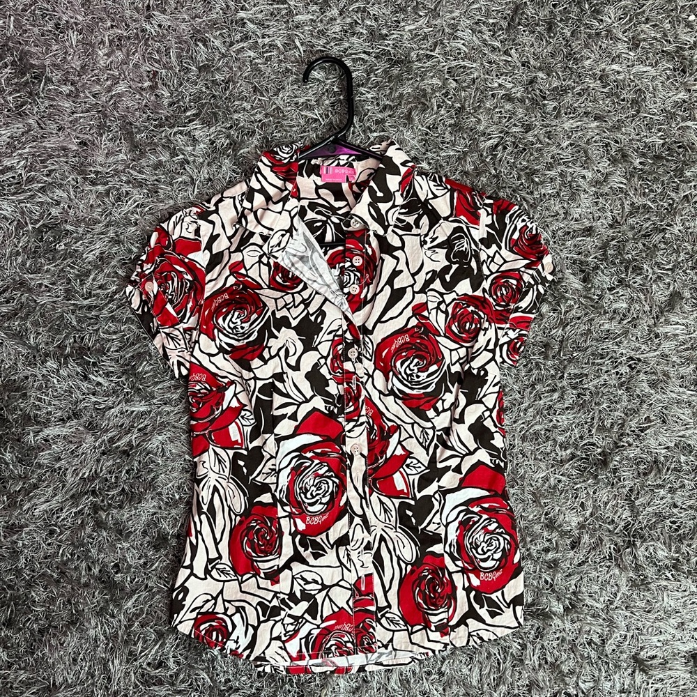 BCBG Red and Black Rose Print Button Down Shirt